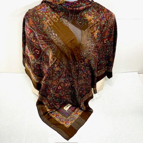Yves Saint Laurent 100% SilkChiffon/Satin Scarf 42" Brown Red Green Floral ( 29 - Picture 5 of 15